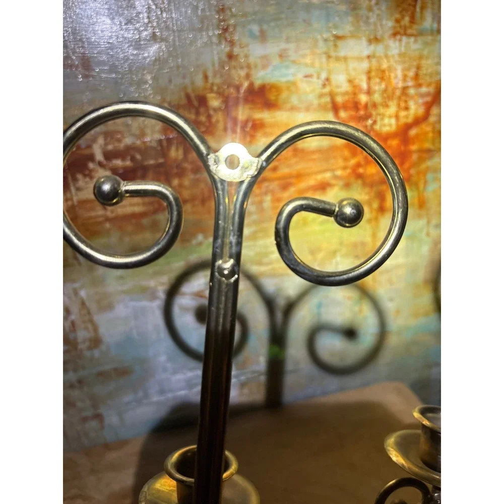 Vintage Brass Triple Wall Sconce Taper Candle Holder Folding Scrollwork Heart